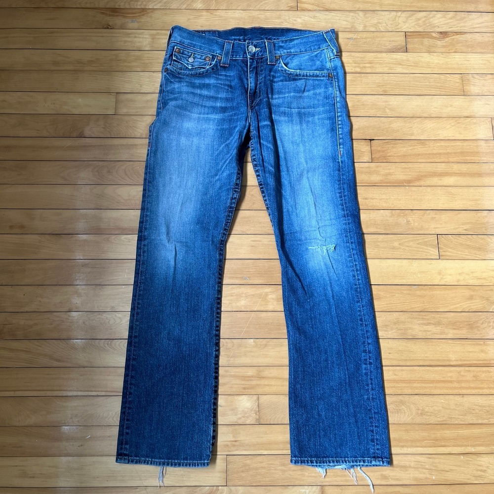 True Religion Mens Ricky Blue Jeans Medium Wash Distressed Made in USA 34x34